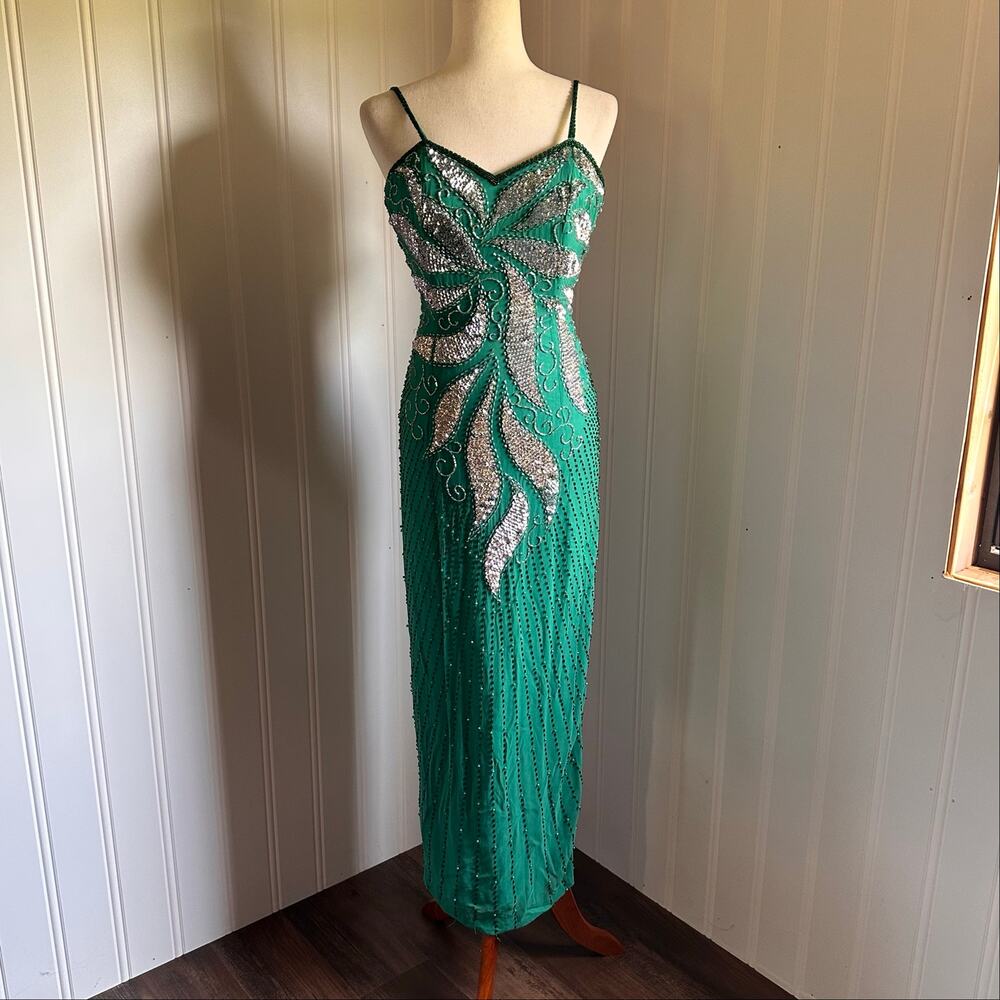 Vintage 90s/Y2K Nadine Green Silk Beaded Maxi Dress 7/8